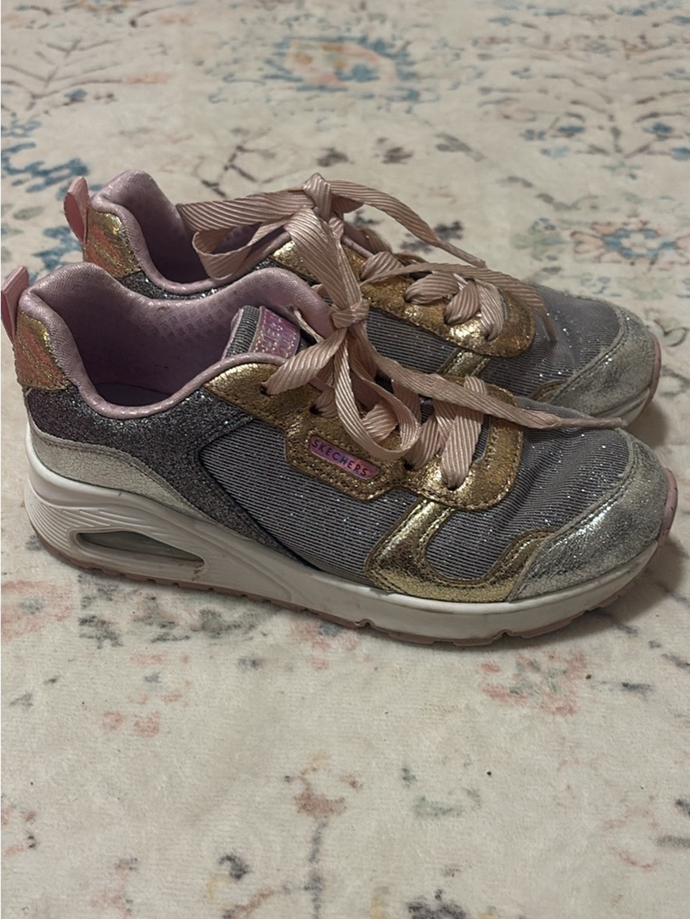 Skechers Women's Shimmery Pink, Gold & Silver Lace-Up Sneakers. Size 2.5.